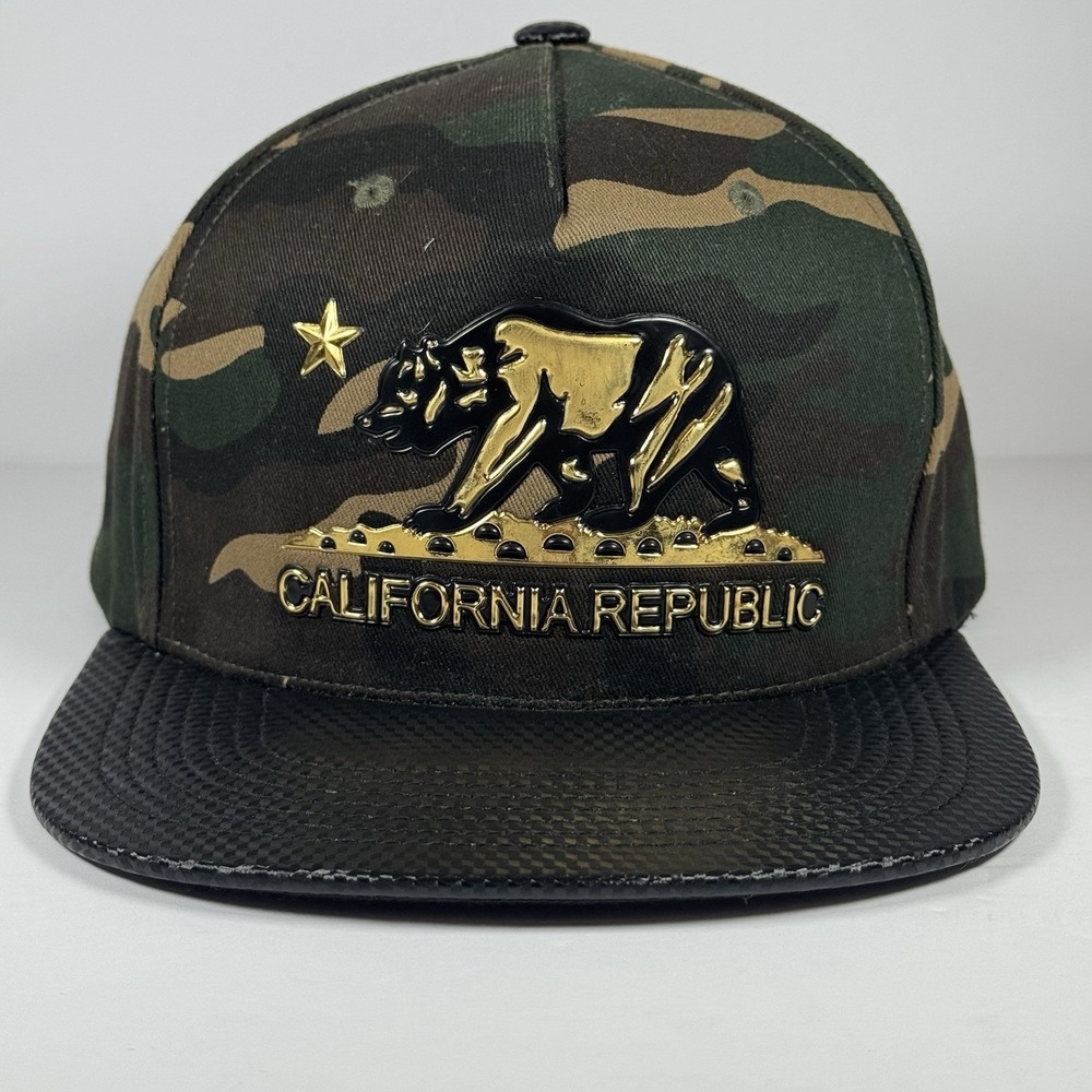 Pit Bull California Republic Camo Snapback Hat Gold Bear Carbon Fiber Brim Cap